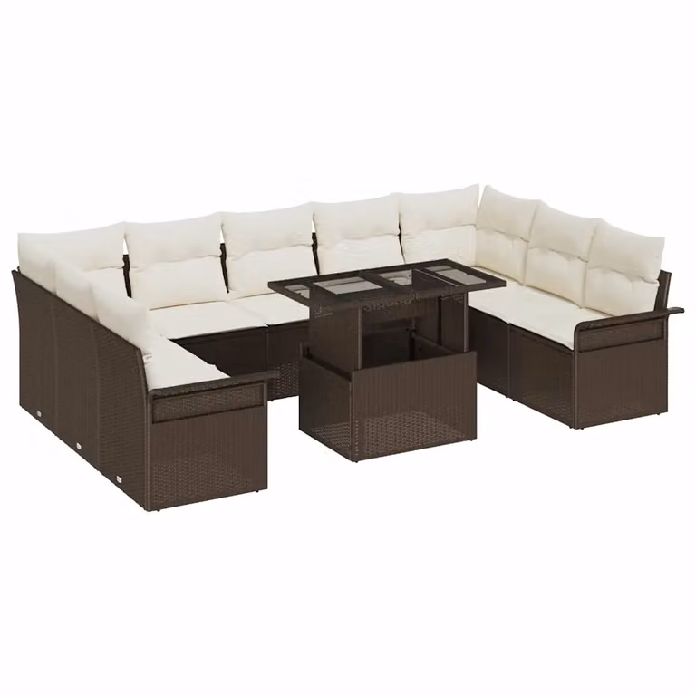 Set Divano da Giardino a Forma di U vidaXL con Tavolino, Elementi Angolari e Cuscini, Marrone e Bianco