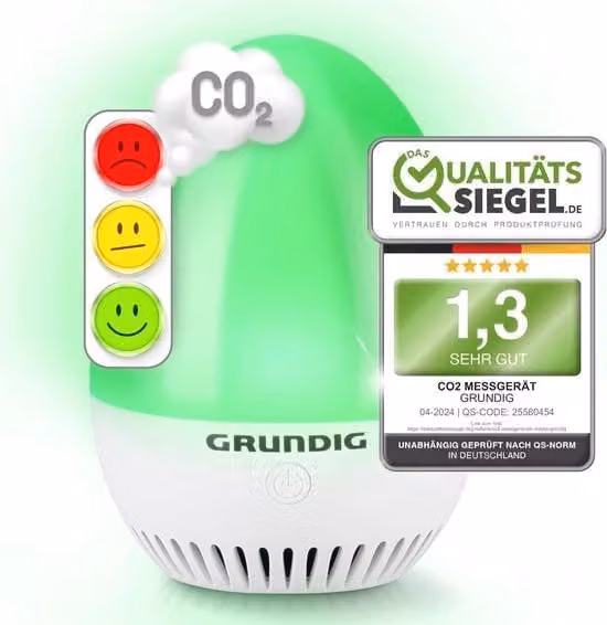 Monitor di Qualità dell'Aria Grundig con Sensore NDIR e Segnalazione Luminosa Verde, Gialla, Rossa e Bianca in Plastica