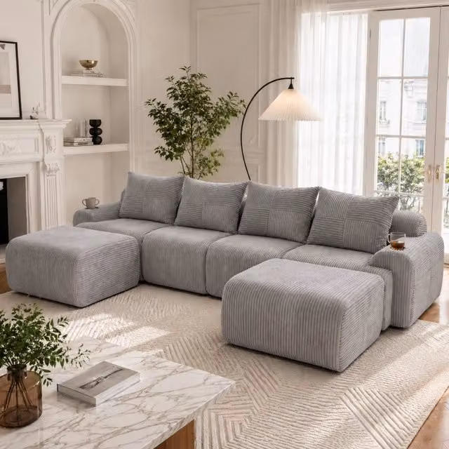 Divano panoramico modulare Mivray a 4 posti in velluto a coste grigio, configurabile con portabevande, L: 333 cm, P: 174 cm, H: 80 cm