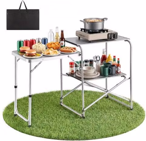 VEVOR Tavolo da Cucina Pieghevole Portatile in Metallo Argento per Barbecue e Campeggio, L/P/H: 117 x 80 x 45 cm