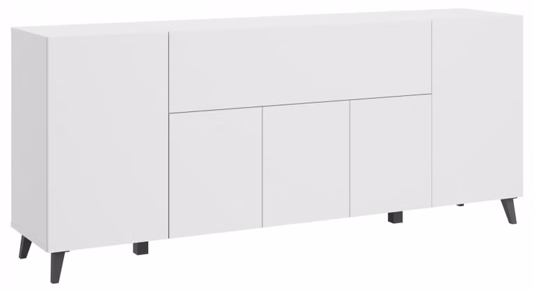 Comò da 180 cm per il soggiorno, con gambe, bianco opaco, design minimalista