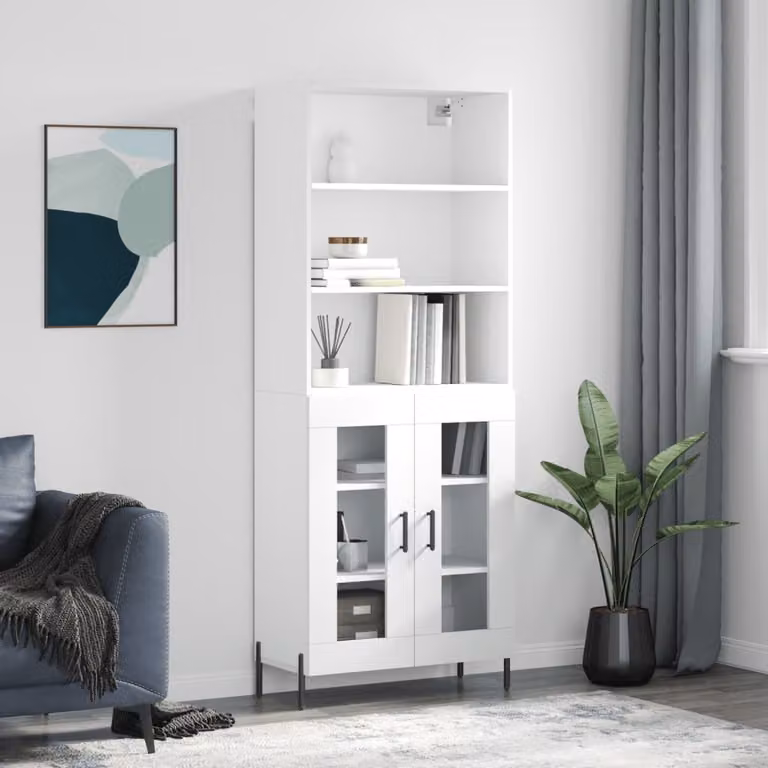 Credenza moderna vidaXL bianca con ante in vetro e ripiani interni, L: 69,5 cm, P: 34,0 cm, H: 180,0 cm