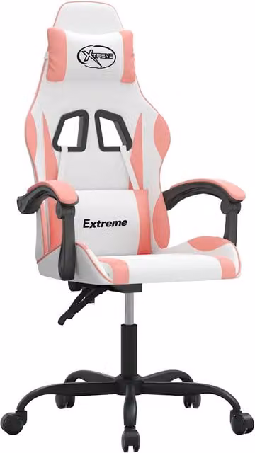 Sedia da Gaming Girevole Bianco e Rosa in Similpelle con Poggiatesta e Braccioli