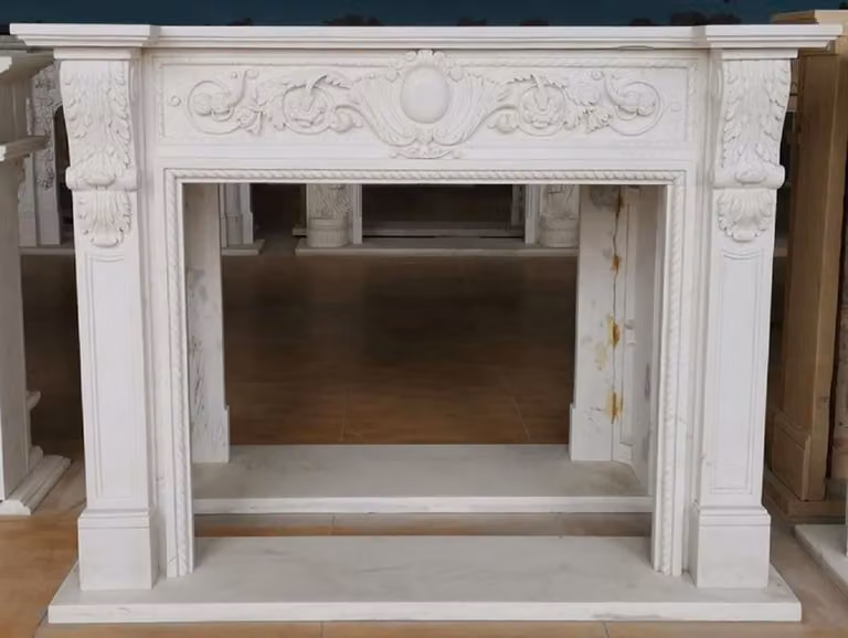 Casa Padrino cornice per camino barocco bianca 165 x 32 x h. 127 cm - Magnifica cornice per camino in marmo di alta qualità - Accessori decorativi in stile barocco