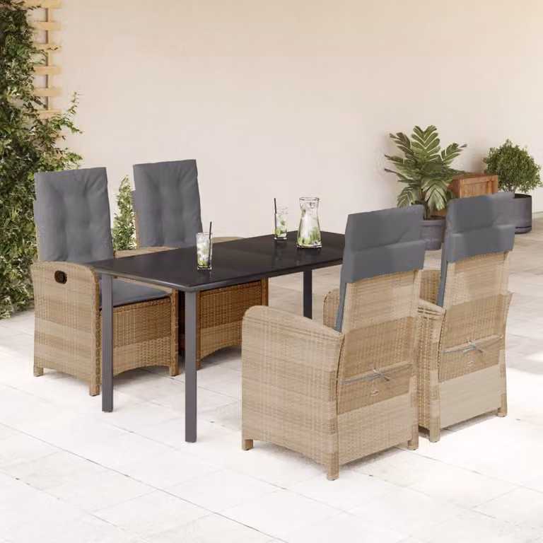 Set Pranzo da Giardino vidaXL in Polyrattan con Cuscini Beige e Tavolo in Vetro per 5 Persone