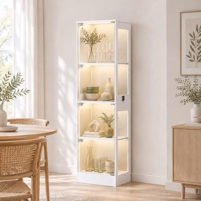 Vetrina ULEVR 40x35x165 cm con ante in vetro, LED a 3 colori e sensore di movimento, bianca