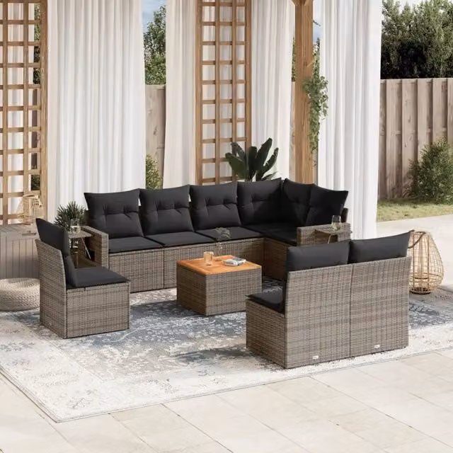 Set Divano da Giardino 9 pz con Cuscini Grigio in Polyrattan 3224604