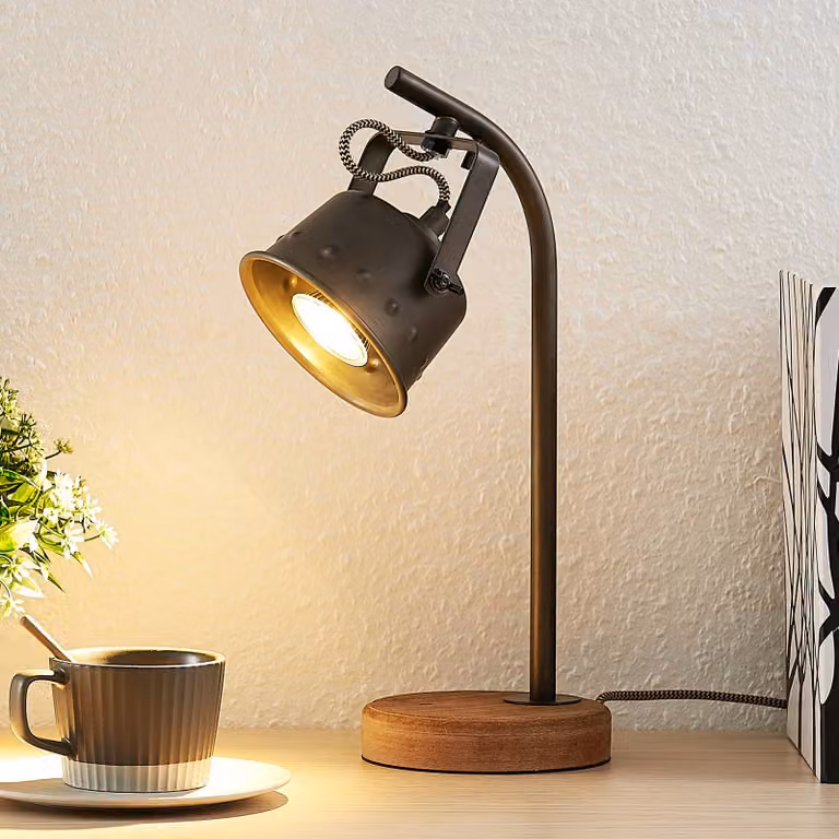 Lampada da tavolo Rubinjo Lindby, Legno scuro, Soggiorno / Sala da pranzo, Metallo, Vintage, Lampada da tavolo