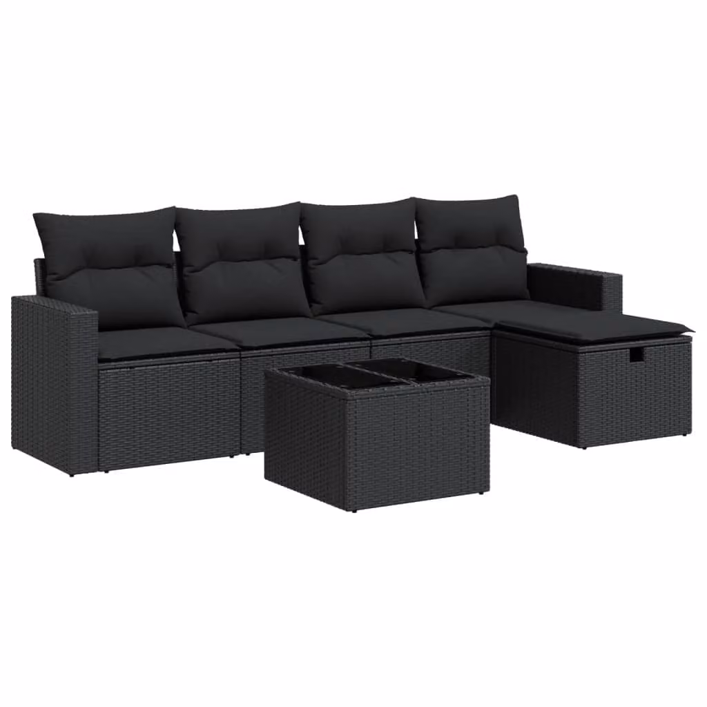 Set Divano da Giardino 6 pz con Cuscini Nero in Polyrattan