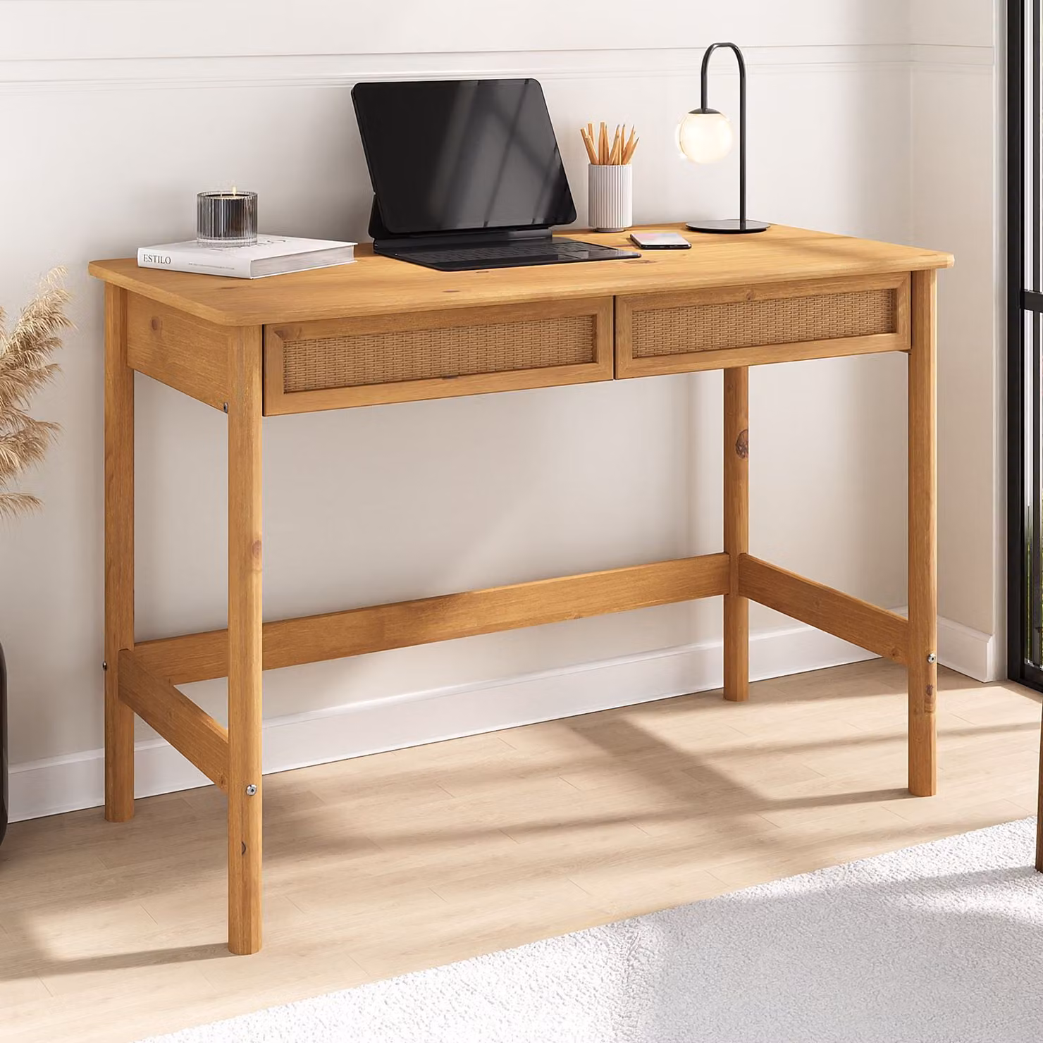 Scrivania RODRIGO larga 110 cm, finitura rovere - Scrivania da ufficio in legno massello con 2 capienti cassetti effetto rattan - Scrivania per computer con spazio contenitivo, scrivania per PC, scrivania per laptop, scrivania da lavoro