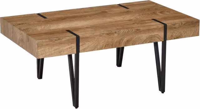 Tavolino Basso Rettangolare da Salotto Stile Industriale Gambe a Forcella in Metallo Nero e Piano Effetto Legno con 3 Vani