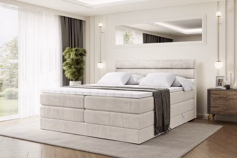 Letto boxspring ALTDECOR con 2 materassi e topper - 140x200 cm - CELESTIA KING - Velluto color crema - Letto imbottito con materassi H3 e H4, contenitore e rete a doghe, letto con spazio contenitivo