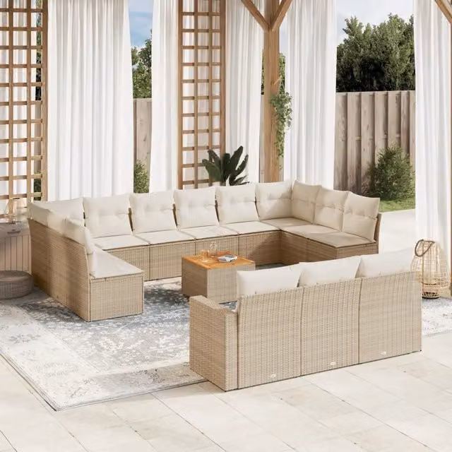 Set di Divani da Giardino VIDAXL a Forma di U in Polyrattan Beige con 14 Pezzi e Cuscini Inclusi