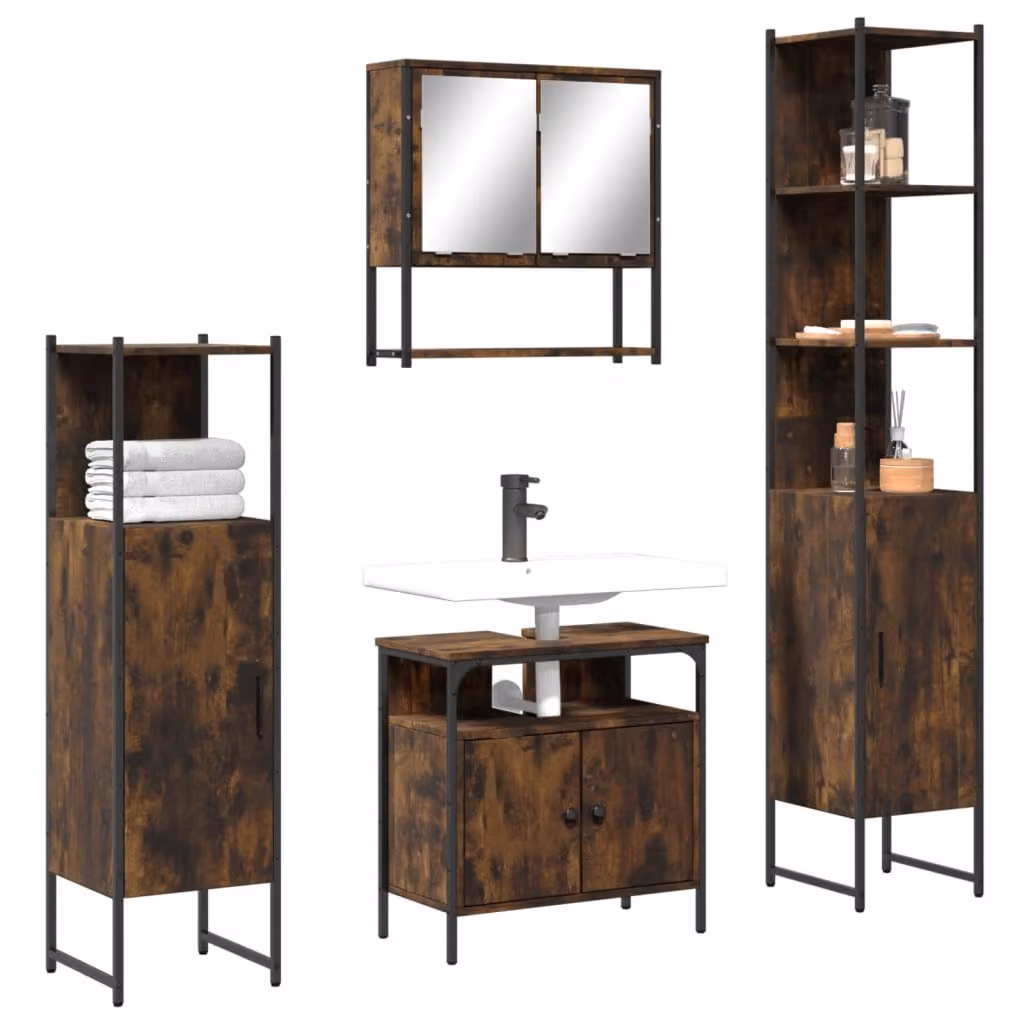 Set di mobili da bagno 4 pezzi vidaXL in legno e metallo colore marrone stile industriale con armadietto specchio, mobile lavabo, mobile laterale e colonna alta