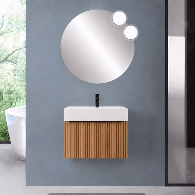 Mobile bagno sospeso 80 cm rovere africa con un cassetto e lavabo alto in resina Nara