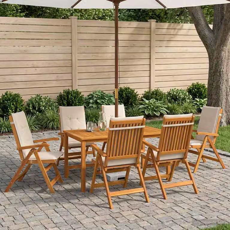 Set da pranzo da giardino vidaXL in legno di acacia naturale con 7 pezzi per 6 persone e cuscini beige e marroni