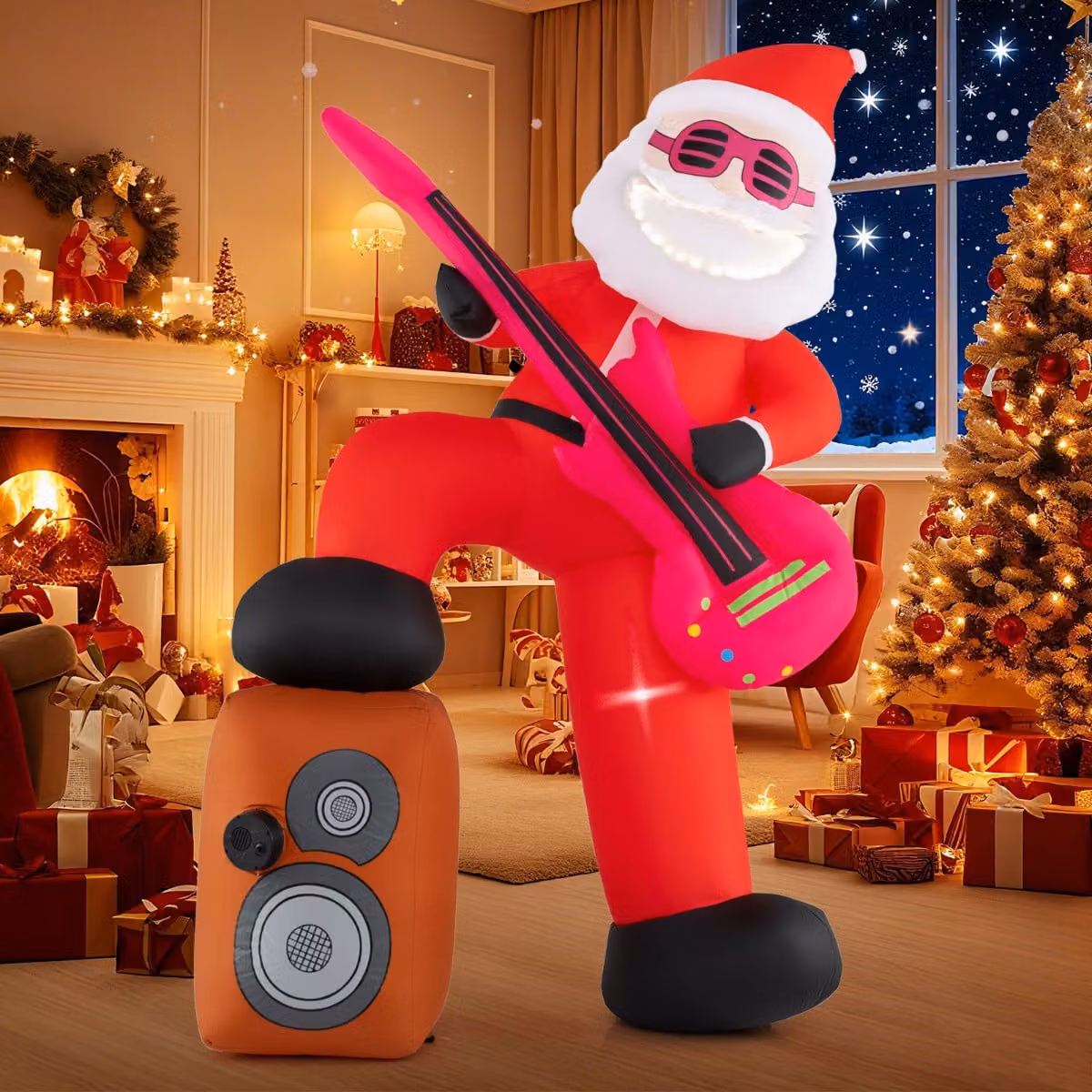 Costway Decorazione natalizia con luci LED musica e soffiatore dimensioni 182 cm, Babbo natale gonfiabile suona chitarra Colorato