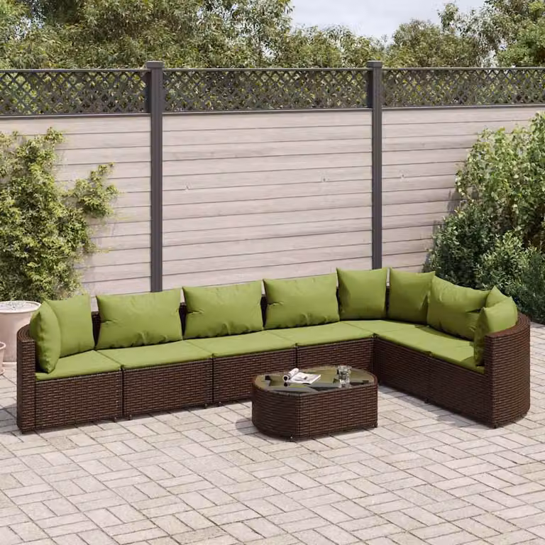 Set Divani da Giardino vidaXL 8 pz con Cuscini e Tavolino, Design Moderno a L in Polyrattan Marrone e Verde con Struttura in Acciaio