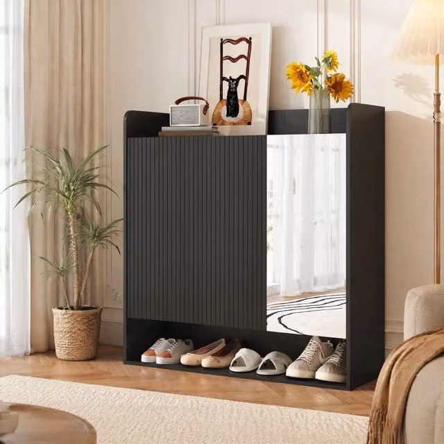 Scarpiera ULEVR 110x35,5x110 cm con specchio a figura intera, ripiani regolabili e 3 ante, nera