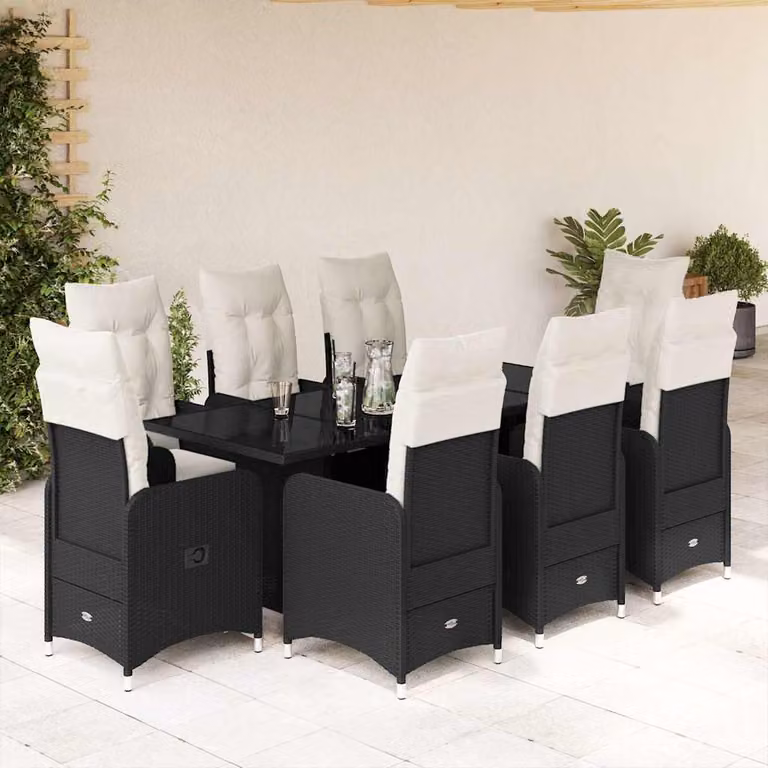 Set Bistrò da Giardino e Balcone vidaXL 9 pz in Polyrattan Nero con Cuscini e Piano in Vetro