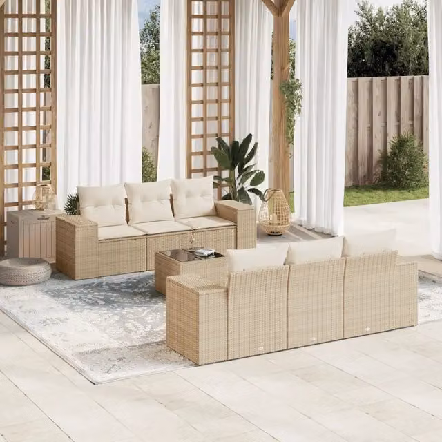 Set Divani da Giardino 7 pz con Cuscini Beige in Polyrattan 3254645