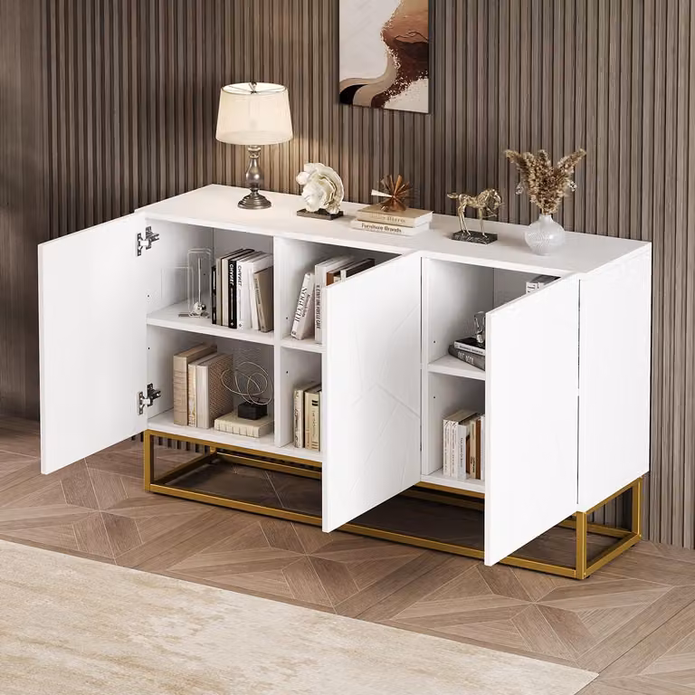 okwish Armadio contenitore lucido Armadio da cucina con 4 scomparti, armadio da cucina moderno con frontale geometrico 3D, struttura in metallo dorato, bianco