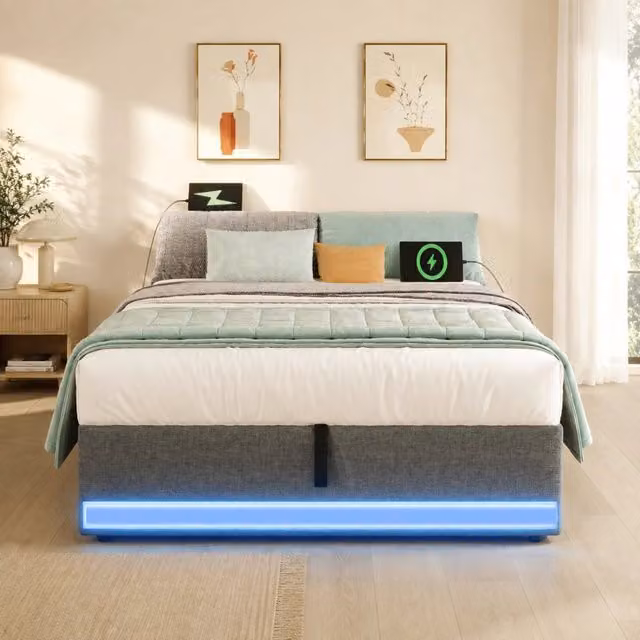 Letto contenitore REDOM in tessuto grigio con illuminazione LED e porte USB e Type-C, L/P: 90 x 200 cm – 1