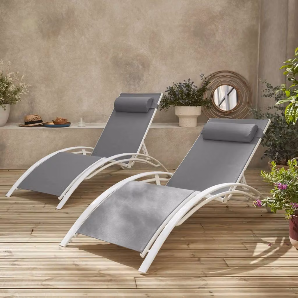 Set di 2 lettini prendisole Sweeek in alluminio verniciato e textilene grigio, multiposizione con poggiatesta regolabile – 2