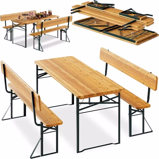 Set Birreria Bakaji con Tavolo Rettangolare Pieghevole e 2 Panche con Schienale in Legno di Abete e Acciaio, Colore Marrone e Verde