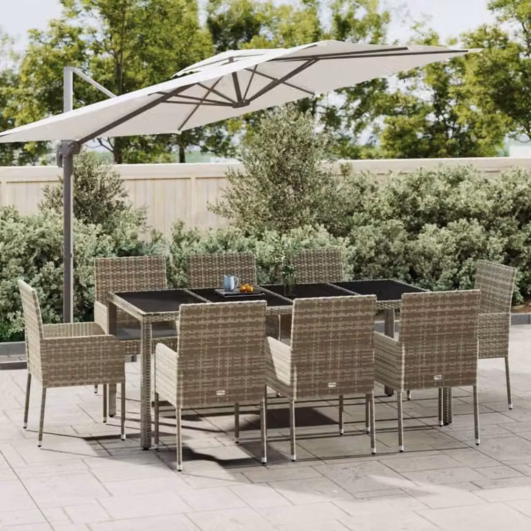The Living Store Set da pranzo da giardino 9 pezzi con cuscini in poly rattan grigio