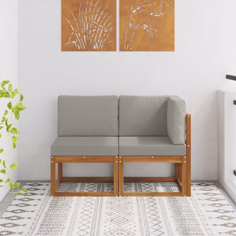 Set di 2 pezzi divano modulare angolare da esterno vidaXL in legno di acacia con cuscini in tessuto grigio e marrone