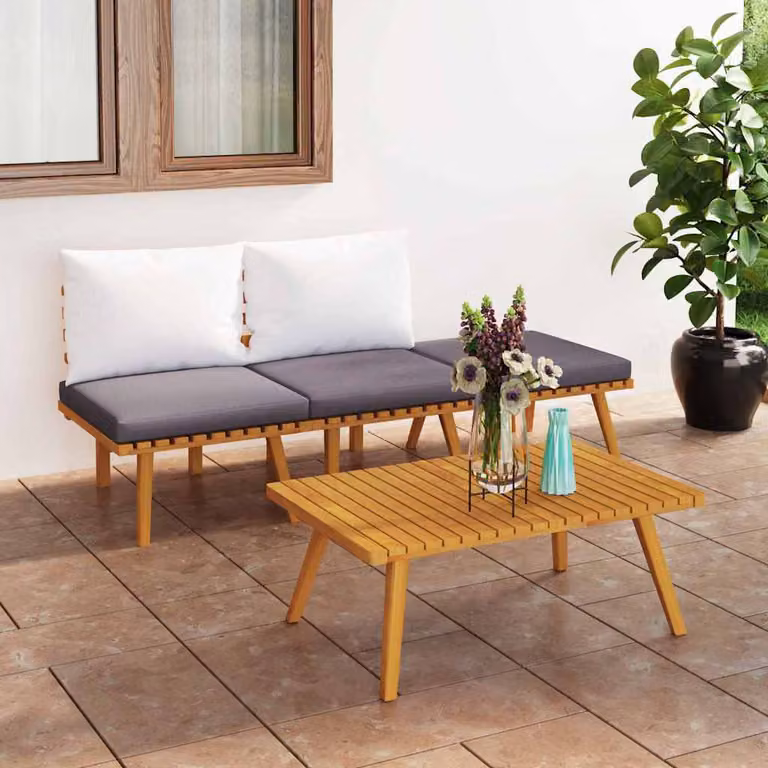 Set da giardino vidaXL in legno di acacia con cuscini, composto da divano a 3 posti, divano a 2 posti, pouf e tavolino da caffè, stile rustico, marrone, grigio e bianco