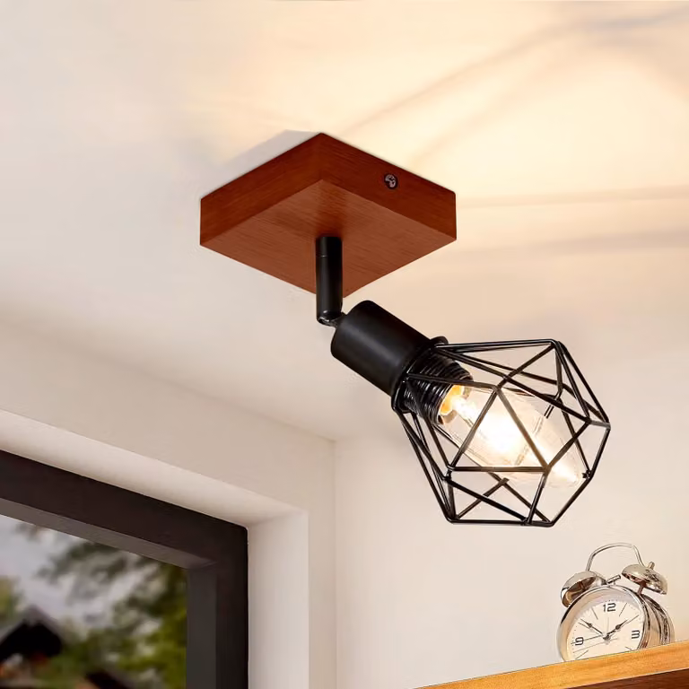 ZMH Lampada a soffitto nera, a una luce, attacco E14, stile vintage, regolabile a 350°, paralume in metallo, applique da parete in legno, ideale per soggiorno, corridoio, camera da letto