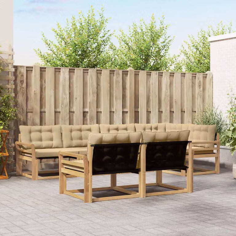 vidaXL Set di divani da esterno a forma di U composto da 7 pezzi in legno di acacia con cuscini bianchi e beige