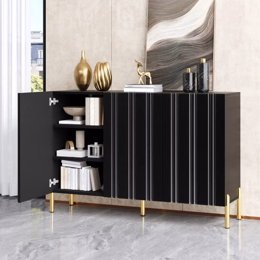 Mobile contenitore FOLYNA con 3 ante e ripiani regolabili in MDF nero opaco con dettagli oro, L/P/H: 120 x 35.5 x 80 cm – 2