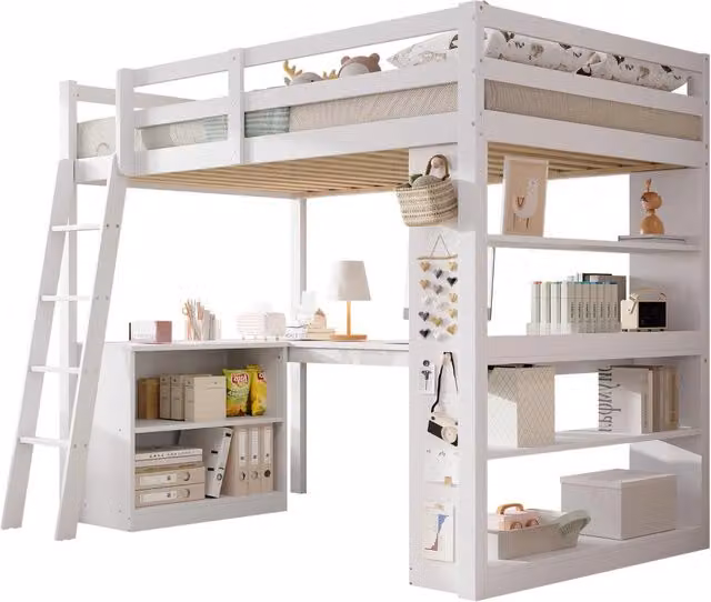 Letto a soppalco per bambini 90x200 cm; con scaffali; piano angolare; barriera e scaletta; bianco