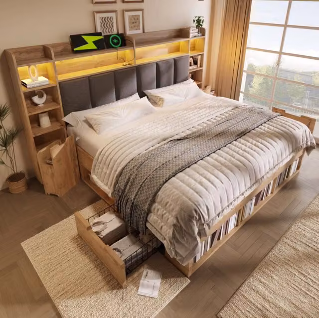 Letto matrimoniale 180x200 cm in rovere con testiera imbottita a LED, comodini mobili con prese USB e Type-C, cassettoni su ruote, rete a doghe in legno (escluso materasso)