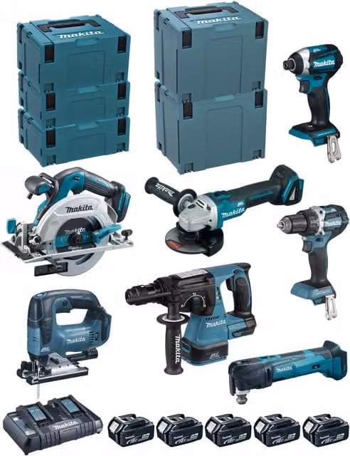 Makita Kit DLX7014PTJ con avvitatore, trapano, smerigliatrice, martello perforatore, utensili e 5 batterie da 5,0 Ah