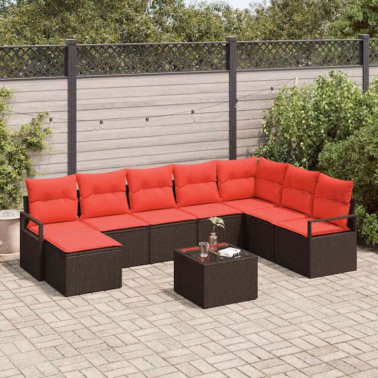 Maison Exclusive - Set di divani da salotto, 9 pezzi, color marrone e rosso, in rattan sintetico