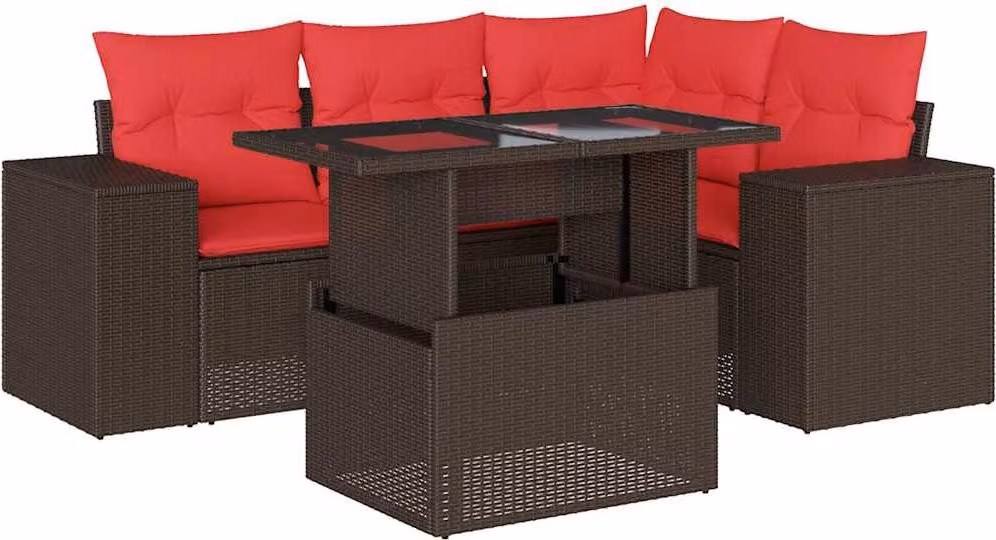 Set Divani da Giardino 5 pz con Cuscini Marrone in Polyrattan