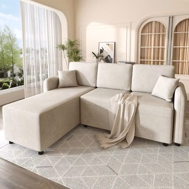 Divano angolare 3 posti 187;5x143;8x85;5 cm; chaise longue; 2 cuscini; schiuma ad alta densit ; ciniglia; beige