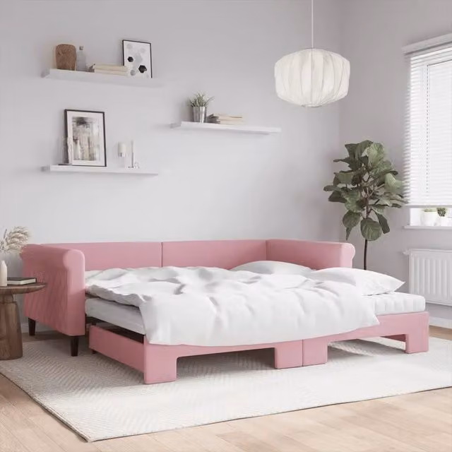 Divano Letto Estraibile vidaXL in Velluto Rosa con Materasso in Schiuma, L/P/H: 229 x 110 x 68 cm, Dimensioni Materasso: 100 x 200 cm