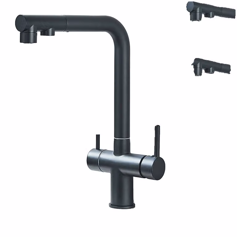 Rubinetto da cucina con doppia maniglia, funzionalità acqua calda e fredda, struttura in ottone resistente, nero