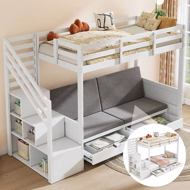 Letto a castello convertibile 90x200cm - Xylo - bianco, armadio, 2 cassetti, divano