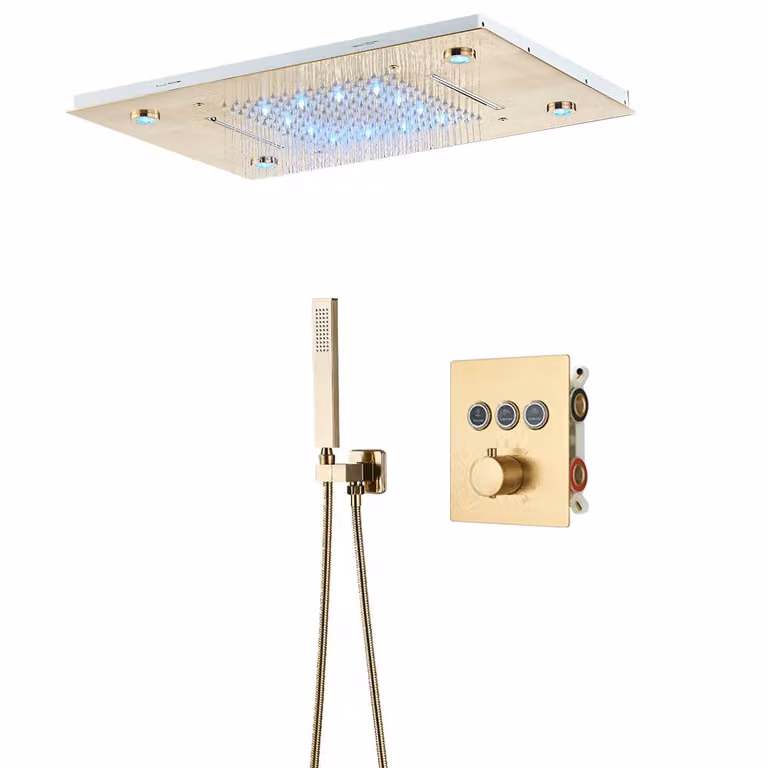Doccia a pioggia a LED, controllo termostatico, soffione in ottone 36*50cm, set oro spazzolato