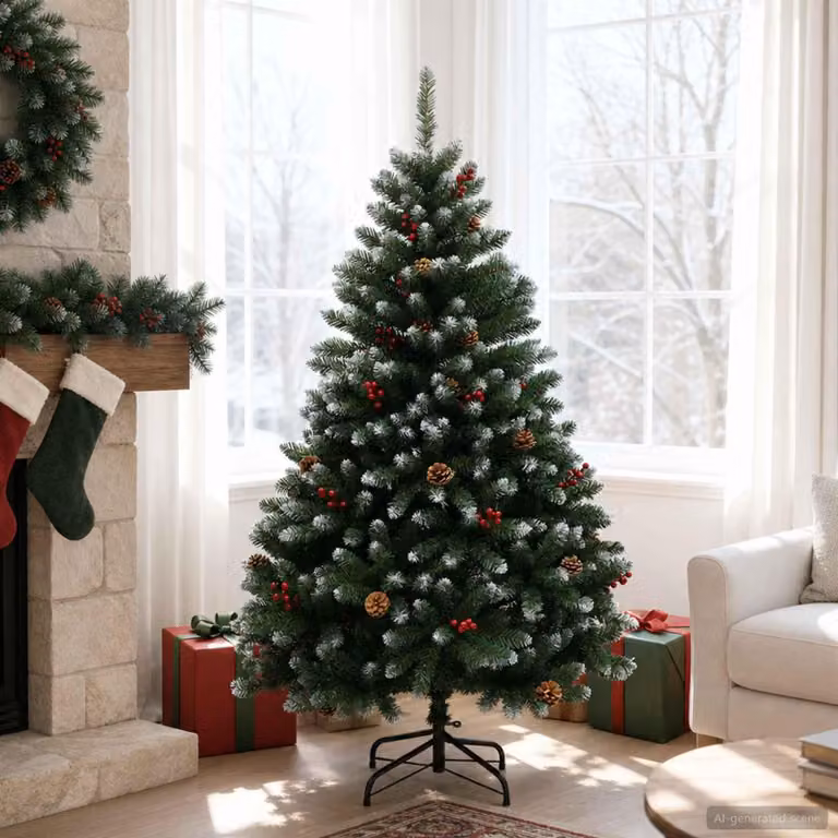 Albero di Natale artificiale pieghevole, 150 cm, in PVC, verde e bianco