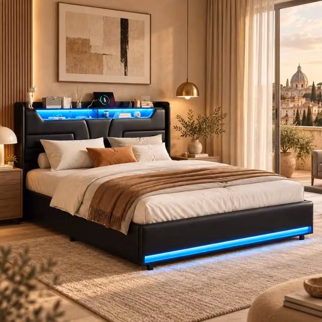 Letto imbottito 160x200 con Contenitore idraulico; Letto matrimoniale a LED con USB; Struttura letto baule con rete a doghe; PU Nero;Senza Materasso
