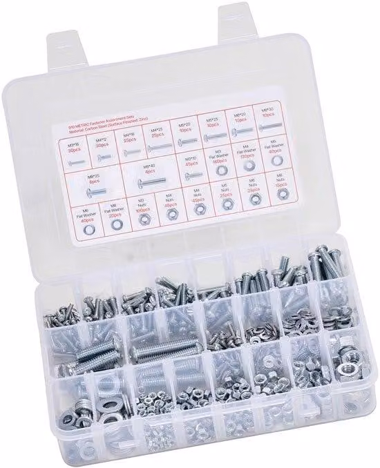 Set di bulloni in metallo, acciaio zincato, dimensioni M3/M4/M5/M6/M8, assortimento di diverse misure, ideale per l'assemblaggio di apparecchiature e veicoli.