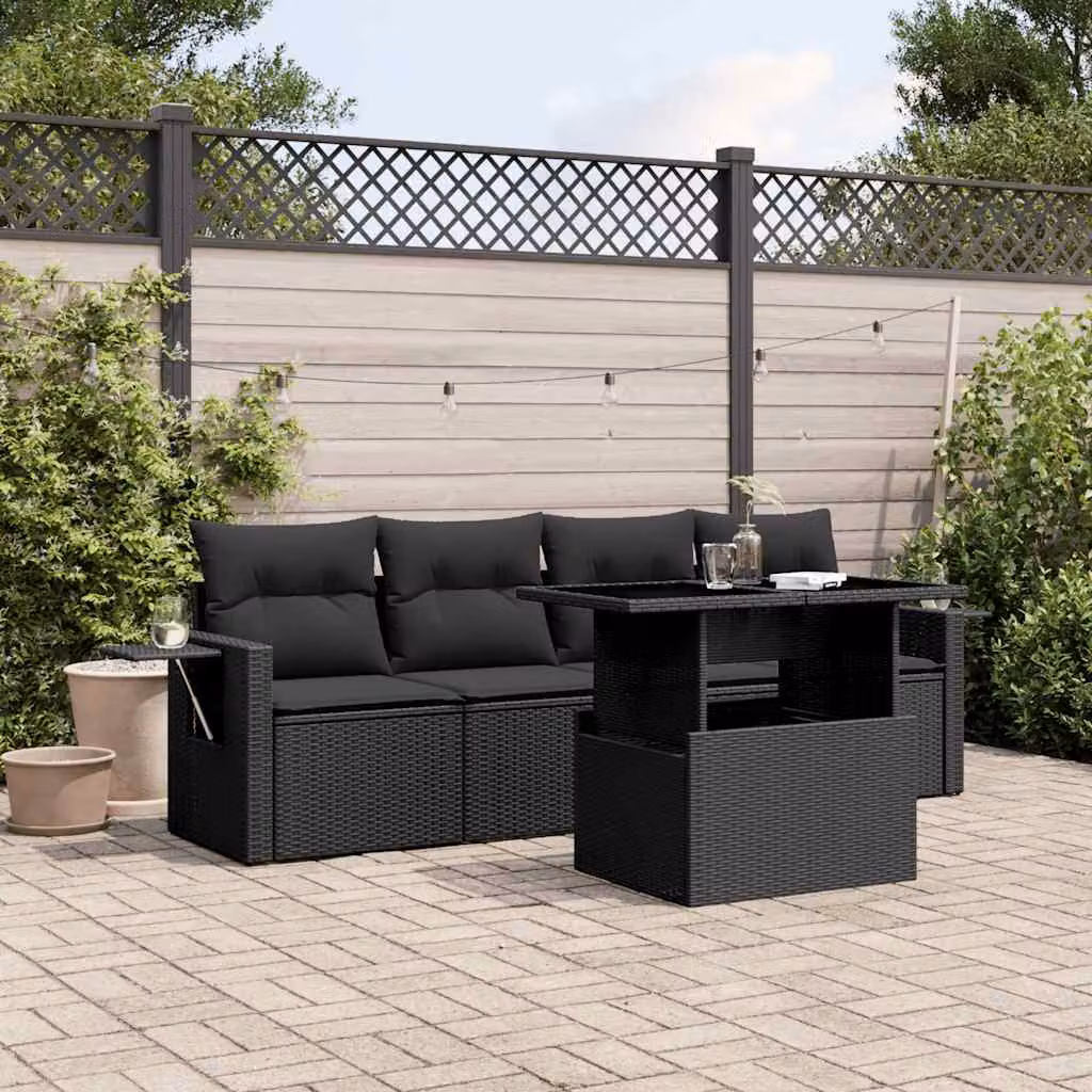 vidaXL Set Divani da Giardino 5 Pezzi in Polyrattan Nero con Cuscini e Tavolino – 1