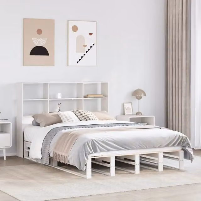 Letto Libreria senza Materasso-Struttura Letto con contenitore Bianco 160x200 cm Legno Massello 922275